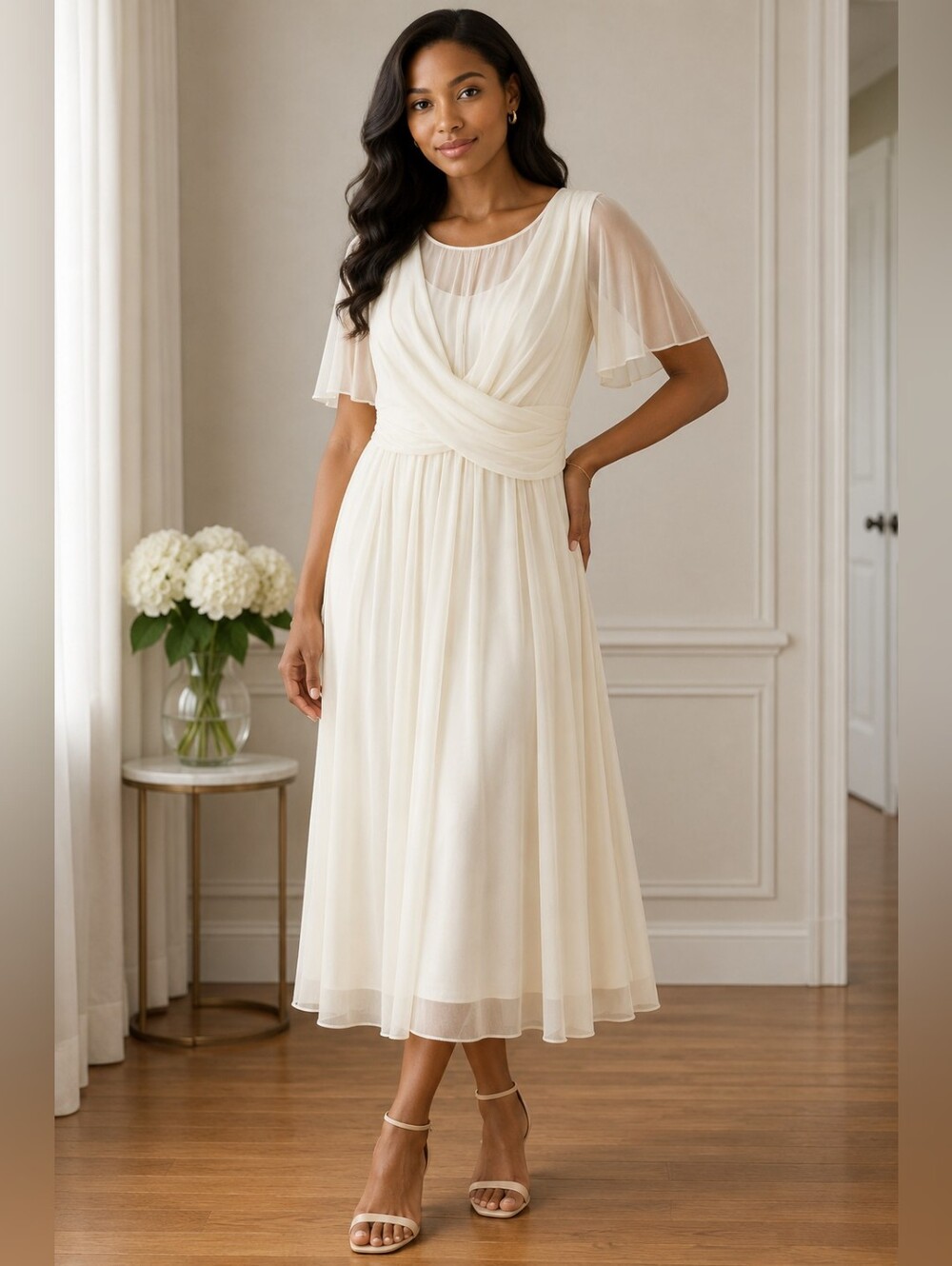 Nordstrom Cream Sheer Midi Dress with Draped Bodice